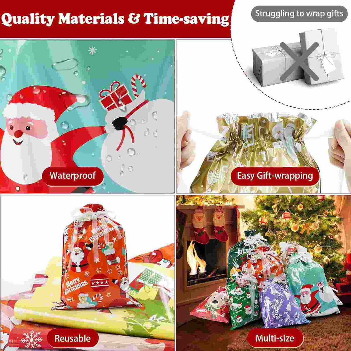 Instant Drawstring Christmas Foil Gift Bags Set