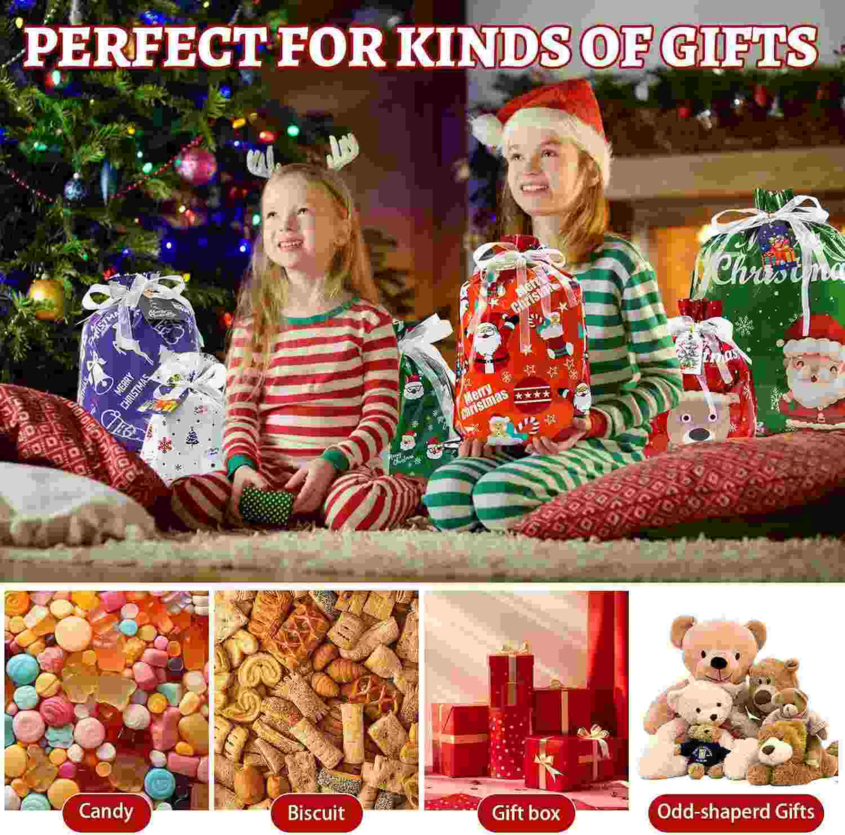 Instant Drawstring Christmas Foil Gift Bags Set