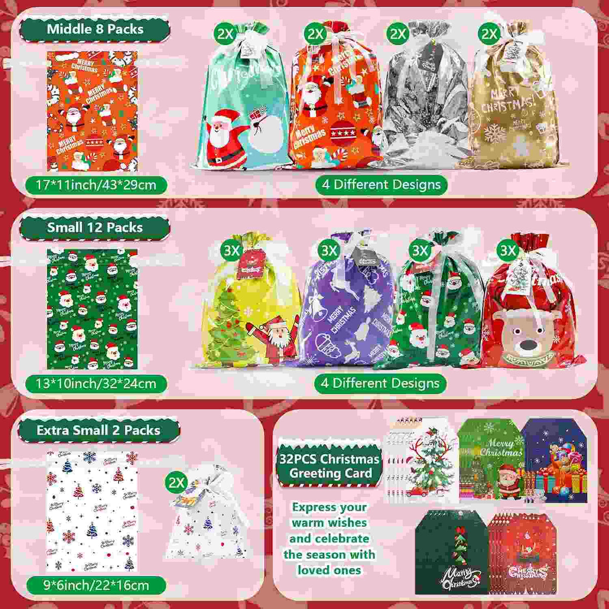 Instant Drawstring Christmas Foil Gift Bags Set