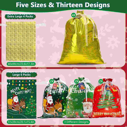 Instant Drawstring Christmas Foil Gift Bags Set