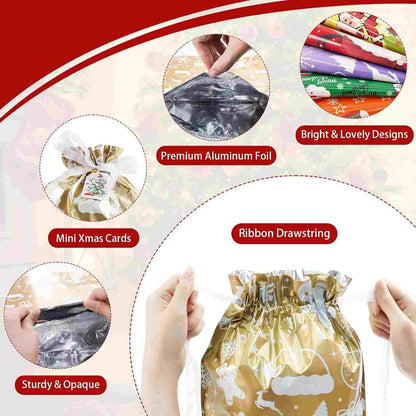 Instant Drawstring Christmas Foil Gift Bags Set