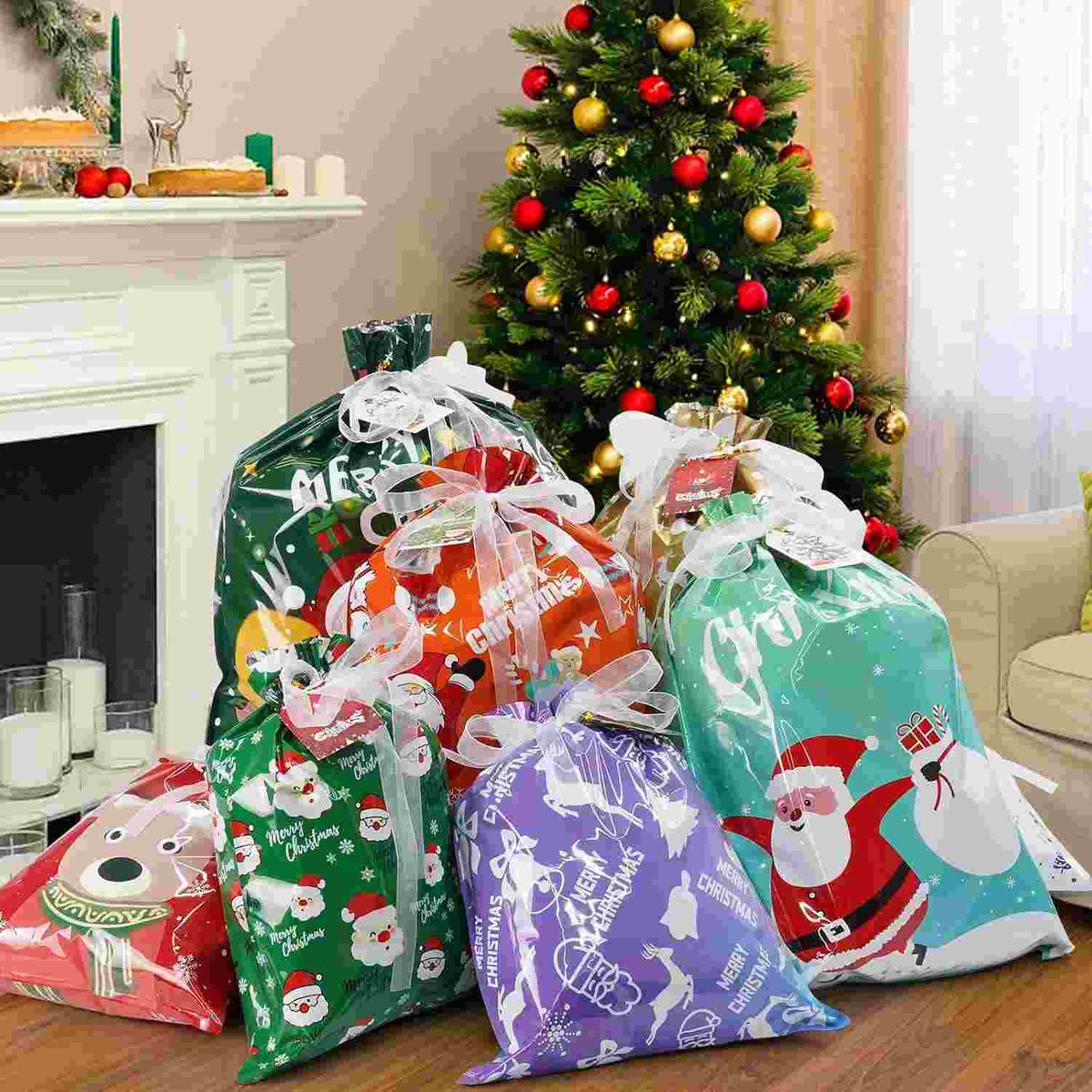 Instant Drawstring Christmas Foil Gift Bags Set